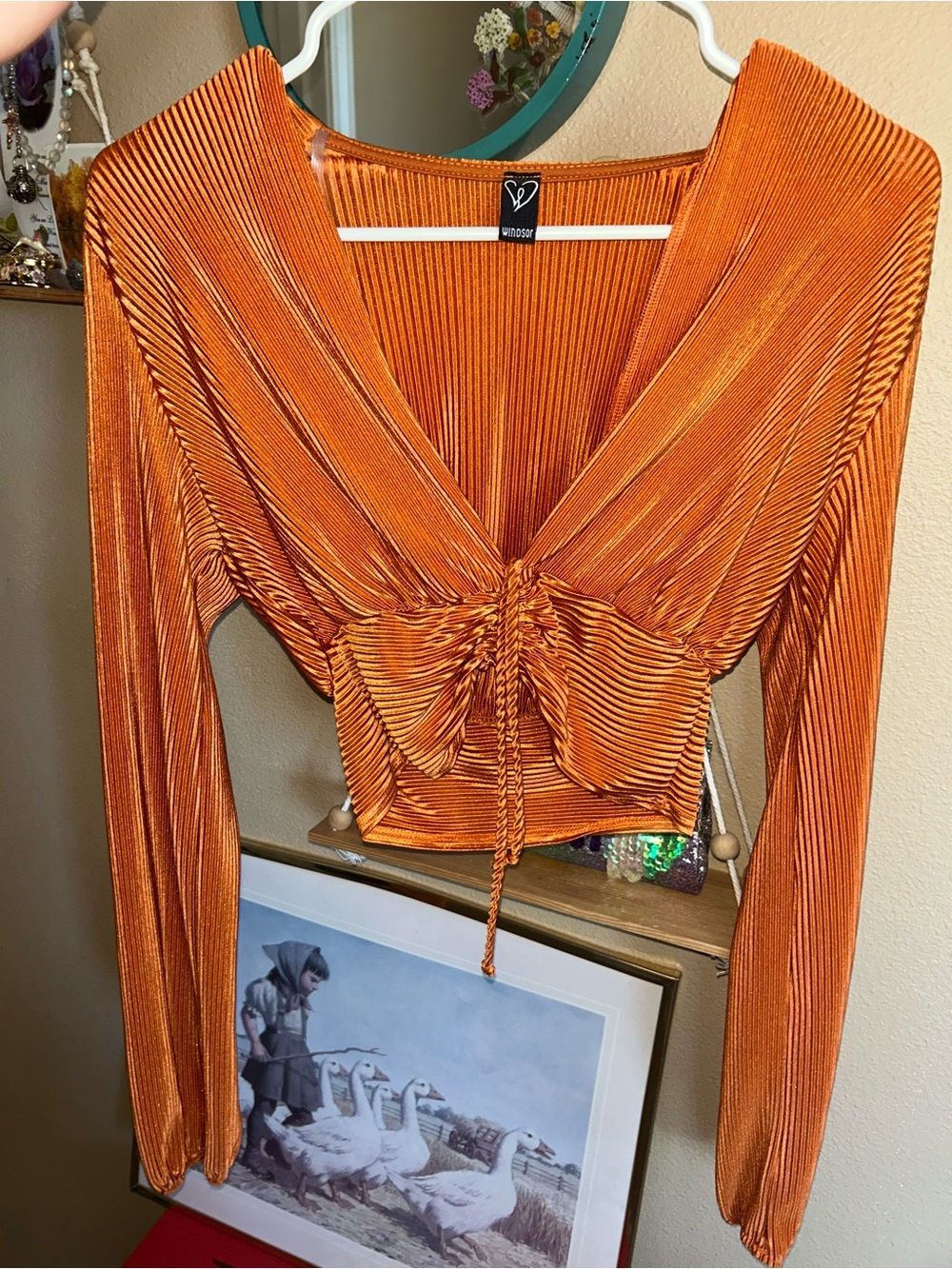 Windsor Orange Pleated Drawstring V-Neck Crop Top